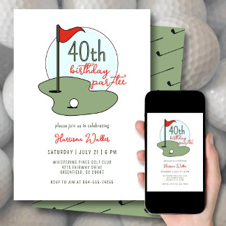 Golf 40th Birthday Party Hand Drawn Modern Green Einladung