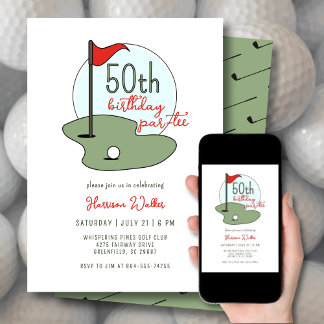 Golf 50th Birthday Party Hand Drawn Modern Green Einladung