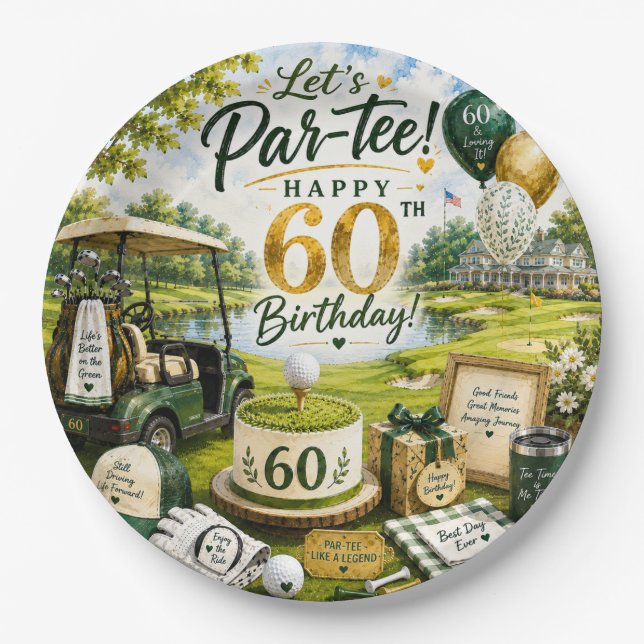 Golf 60. Geburtstag mit Golfwagen auf Grün  Pappteller (Vorderseite)
