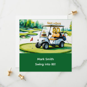 Golf 80. Geburtstag mit Golf Cart auf Grün putting Save The Date