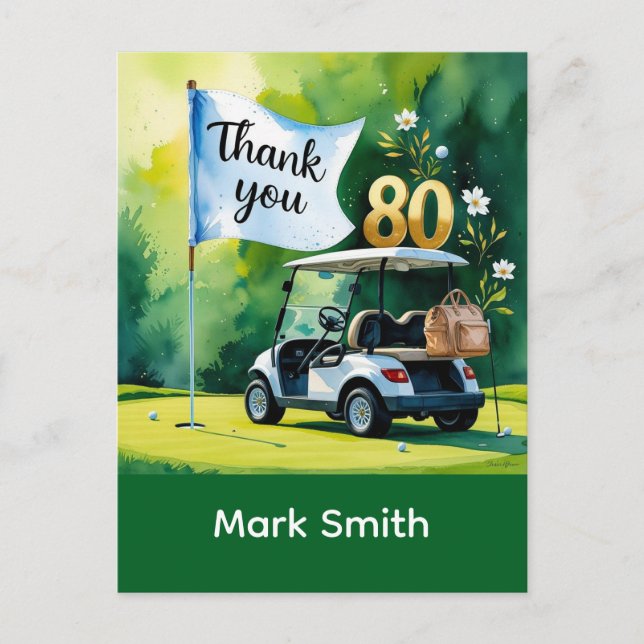 Golf 80. Geburtstag mit Golfwagen auf Grün Postkarte (Vorderseite)