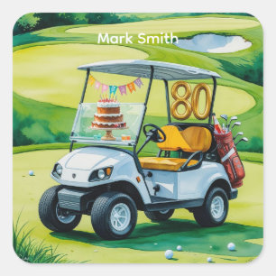 Golf 80. Geburtstag mit Golfwagen auf Grün Quadratischer Aufkleber