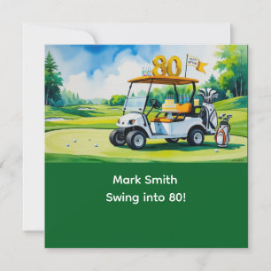 Golf 80. Geburtstag mit Golfwagen auf Putting Gree Einladung