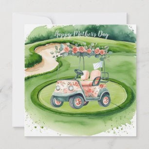Golf am Muttertag mit Golfwagen und Blumen Karte