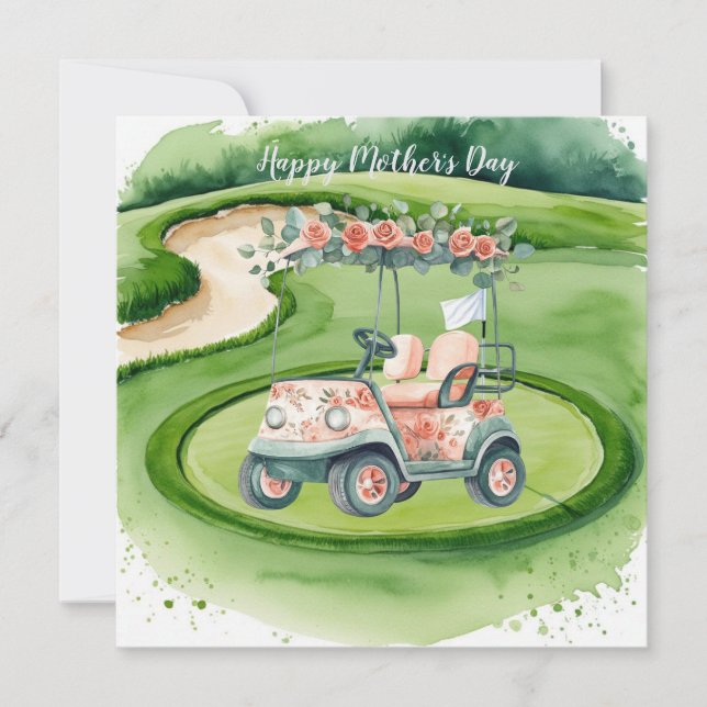 Golf am Muttertag mit Golfwagen und Blumen Karte (Vorderseite)