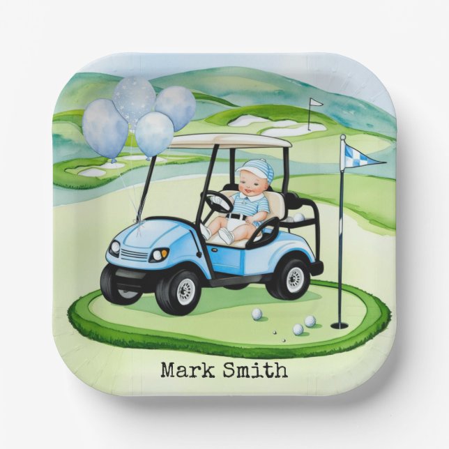 Golf Baby Boy Blue Themed Pappteller (Vorderseite)