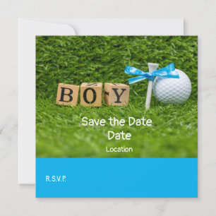 Golf Baby Duschboy mit blauem Band auf grün Einladung