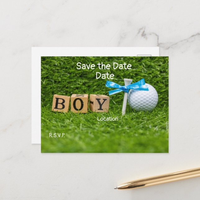 Golf Baby Duschjunge mit blauem Band auf grünen Po Postkarte (Vorderseite/Rückseite Beispiel)