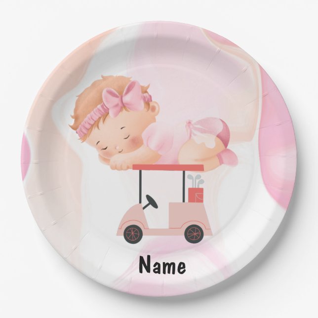 Golf Baby Girl auf Golfwagen mit Golftasche Pink Pappteller (Vorderseite)