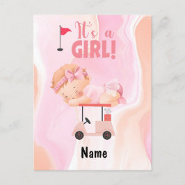 Golf Baby Girl auf Golfwagen mit Golftasche Pink Postkarte