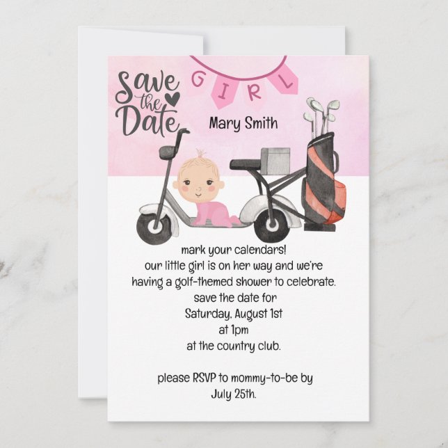 Golf Baby Girl Babydusche auf Rosa Save the Date Einladung (Vorderseite)