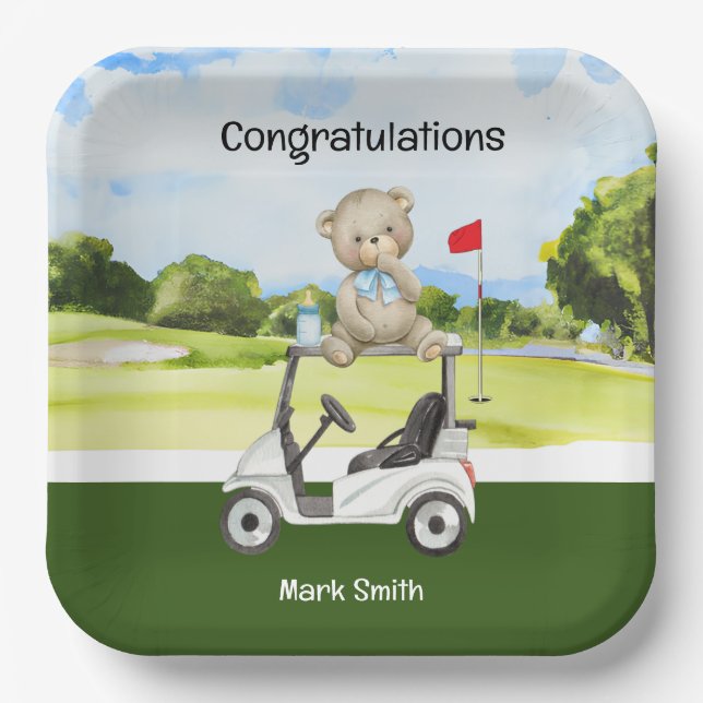 Golf baby Gratulation Birthday Baby Shower Boy Pappteller (Vorderseite)