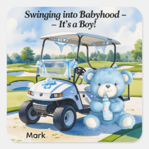 Golf Baby Shower Boy mit Teddy Bear Golf Cart Quadratischer Aufkleber