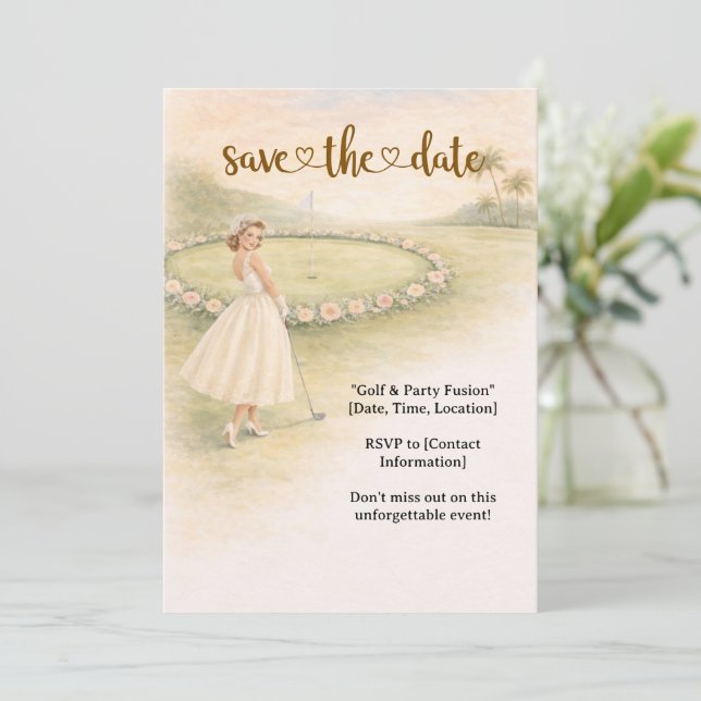 Golf Bachelorette woman golfer is golfing Einladung (Stehend Vorderseite)