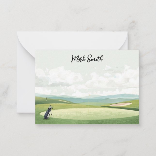 Golf Bag auf dem Golfplatz mit dem Namen für Golfe Mitteilungskarte (Vorderseite)