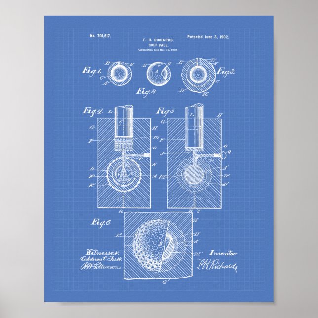 Golf Ball 1902 Patentart - Blueprint Poster (Vorne)