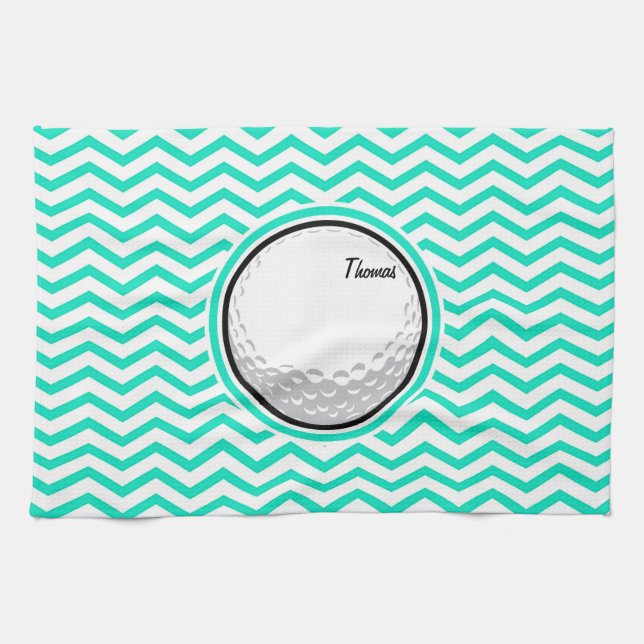 Golf Ball; Aqua Green Zickzack Geschirrtuch (Horizontal)