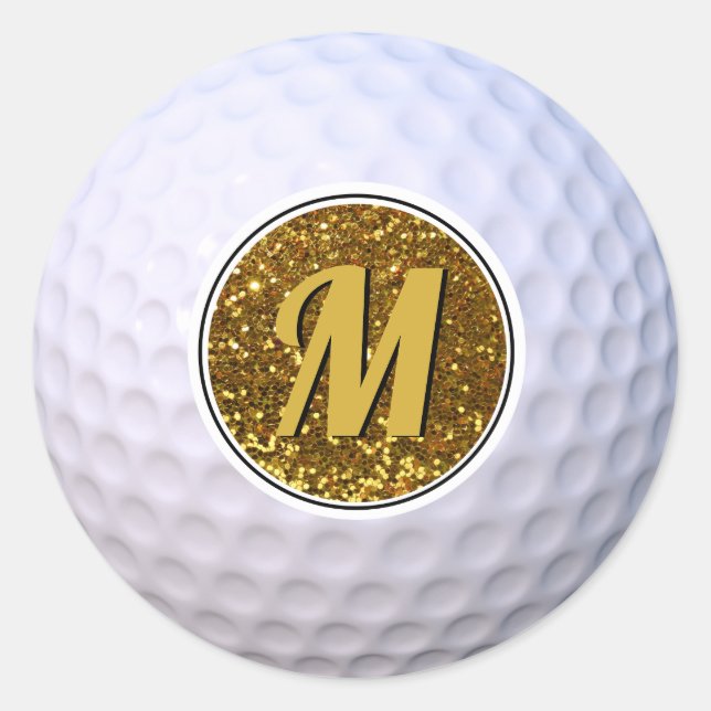 Golf Ball Imitate Gold Glitzer Anpassbare Monogram Runder Aufkleber (Vorderseite)