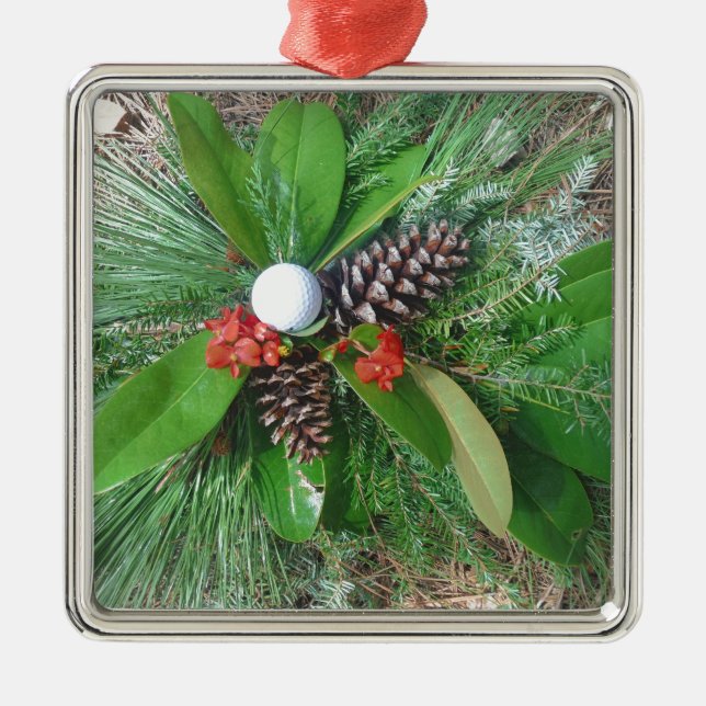 Golf Ball Kiefernzapfen und Evergreens Weihnachten Ornament Aus Metall (Vorne)