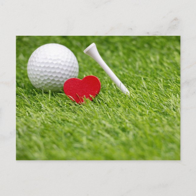 Golf-Ball mit Liebe-Herzform und Tee Postkarte (Vorderseite)