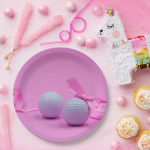 Golf Ball rosa Bändchen Babydusche Mädchen / Gebur Pappteller