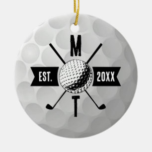 Golf Ball Texture & Club Initial Monogram Keramik Ornament