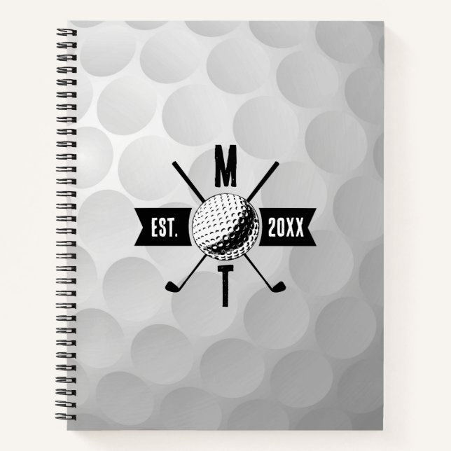 Golf Ball Texture & Club Initial Monogram Notizbuch (Vorderseite)