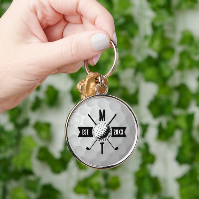 Golf Ball Texture & Club Initial Monogram Schlüsselanhänger (Hand)