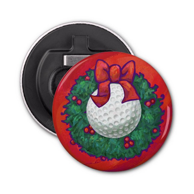 Golf Ball Weihnachtskranz auf Rot Flaschenöffner (Vorderseite)