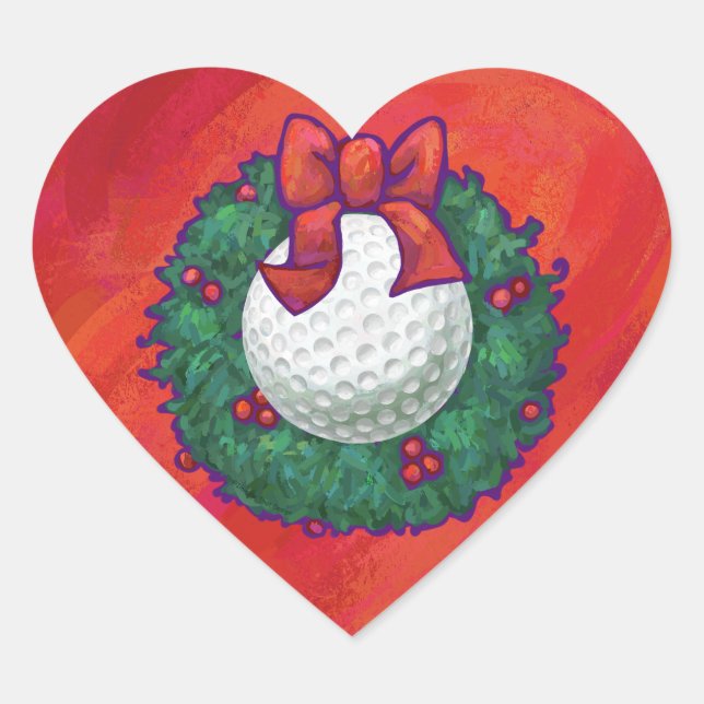 Golf Ball Weihnachtskranz auf Rot Herz-Aufkleber (Vorderseite)