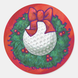 Golf Ball Weihnachtskranz auf Rot Runder Aufkleber