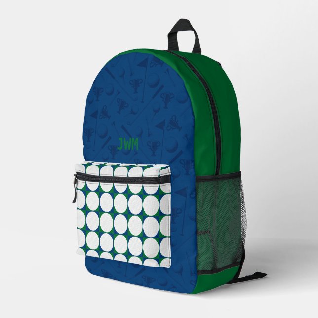 Golf Balls Muster INITIALS Green Blue Preppy Fun Bedruckter Rucksack (Rückseitige Ecke Rechts)