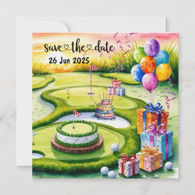 Golf Birthday Party Dekoration auf dem Platz Save The Date (Vorderseite)