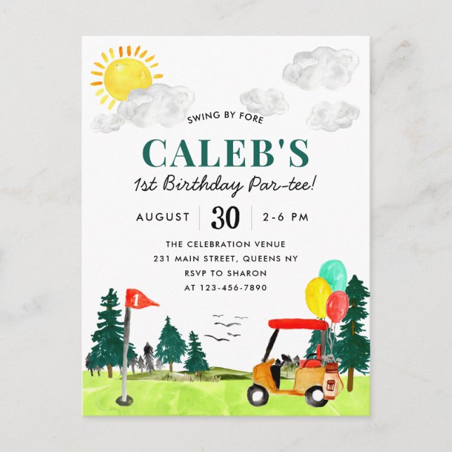 Golf Boy Golfing Swing By Fore a Par-tee Geburtsta Postkarte (Vorderseite)