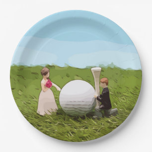 Golf Braun und Bräutigam mit Golf Ball Tee Hochzei Pappteller