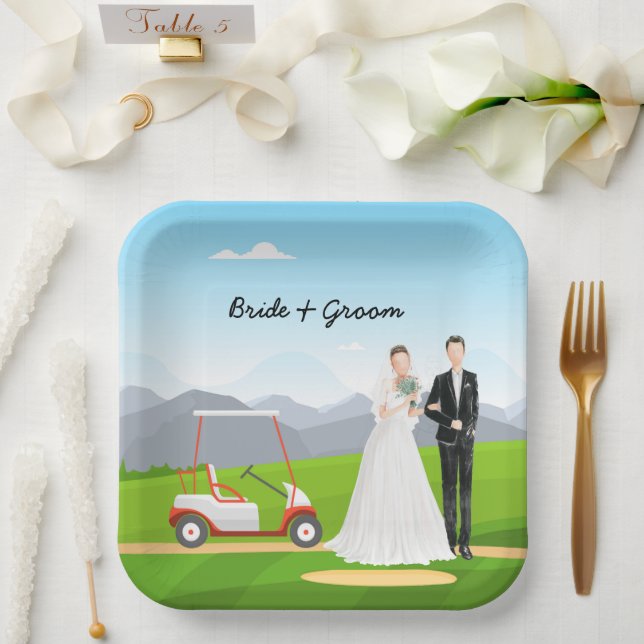 Golf Braun und Bräutigam mit Golf Ball Tee Hochzei Pappteller (Hochzeit)