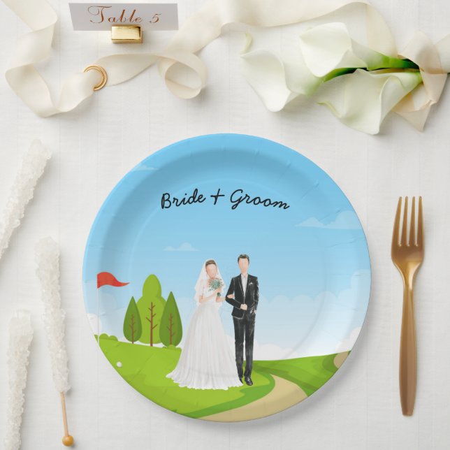 Golf Braun und Bräutigam mit Golf Ball Tee Hochzei Pappteller (Hochzeit)