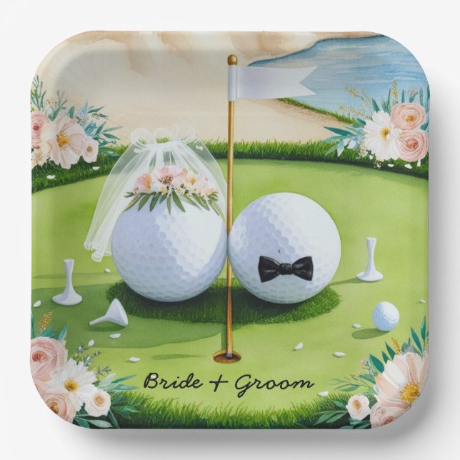 Golf Braun und Bräutigam mit Golf Ball tee Wedding Pappteller (Vorderseite)