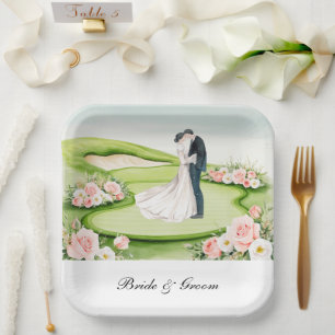 Golf Bride and Groom on Golf Course Wedding Pappteller