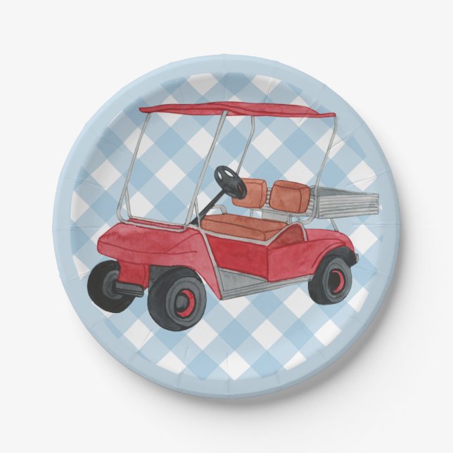 Golf Cart Kariert Blue Gingham Country Club Pappteller (Vorderseite)