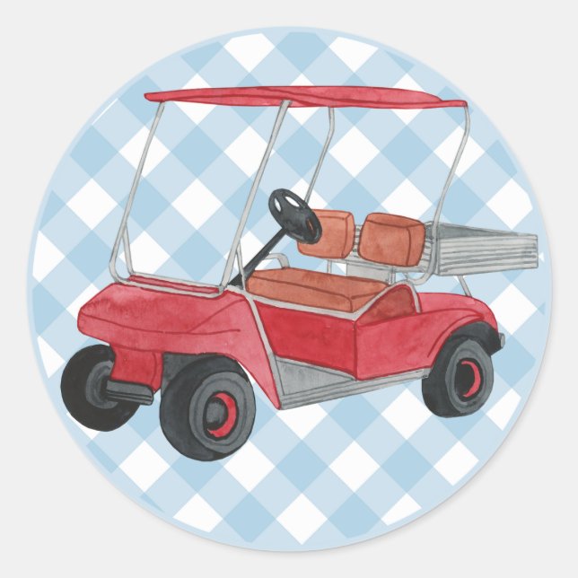 Golf Cart Kariert Blue White Preppy Country Club Runder Aufkleber (Vorderseite)