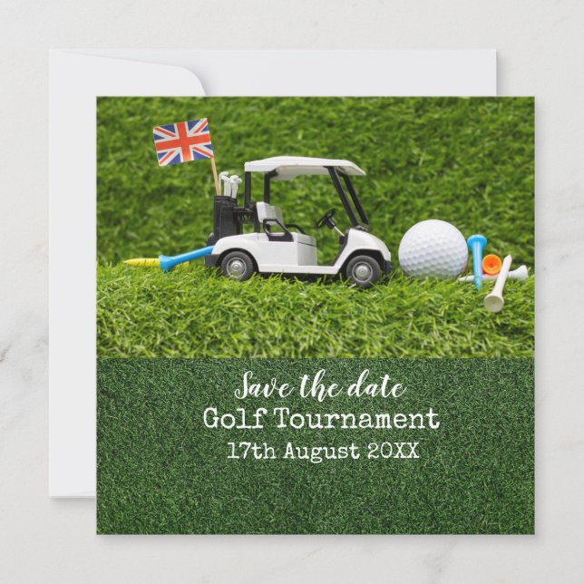 Golf Cart mit England Flag Save the Date (Vorderseite)