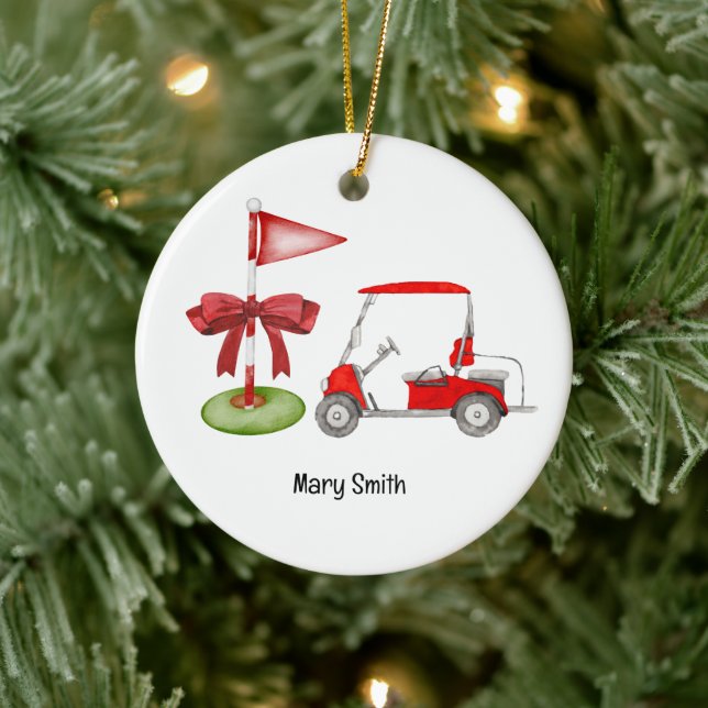Golf Cart mit Golf Flag Keramik Ornament (Baum)