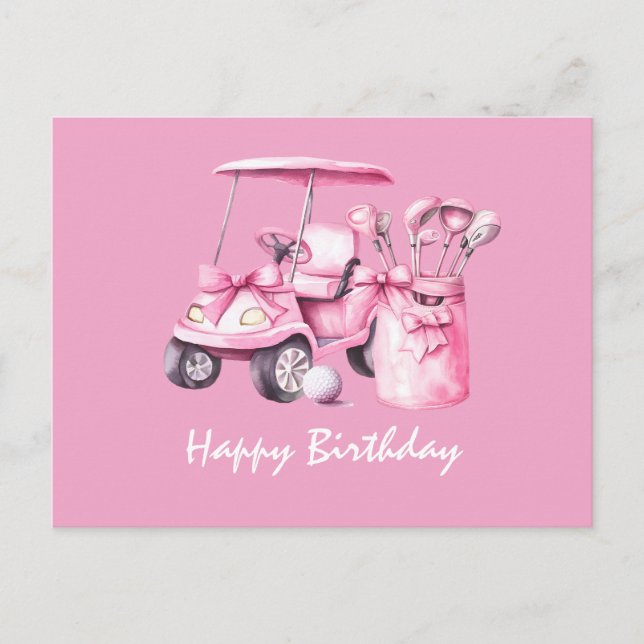 Golf Cart mit Happy Birthday Frau Golfer PINK Postkarte (Vorderseite)