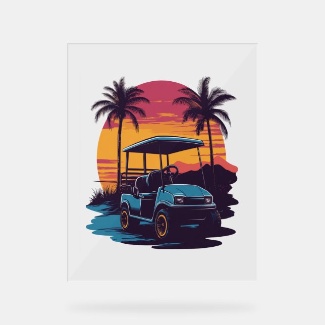 Golf Cart Palm Trees Sunset Vintages Set Acrylschild (Vorderseite)