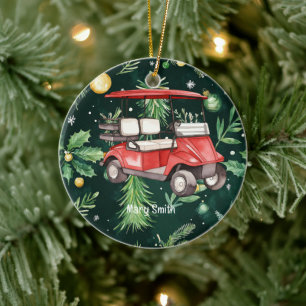 Golf Cart über Weihnachten Hintergrund für Golfer Keramik Ornament