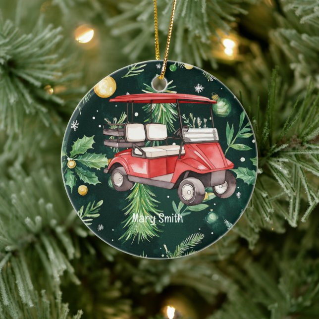 Golf Cart über Weihnachten Hintergrund für Golfer Keramik Ornament (Baum)
