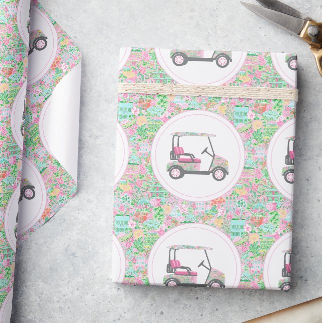 Golf Cart von Pink und Green Palm Beach Geschenkpapier (Von Creator hochgeladen)