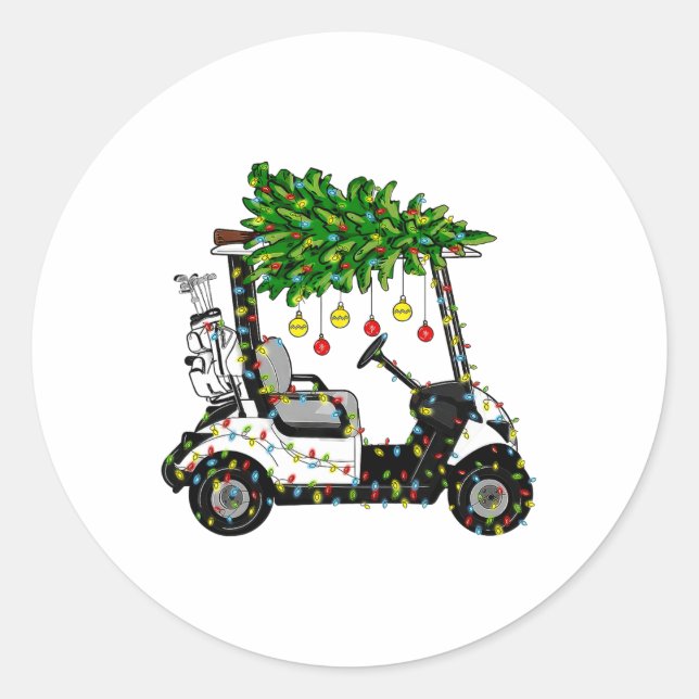 Golf Cart Weihnachtsbaum Lichter Xmas Sport Golfer Runder Aufkleber (Vorderseite)