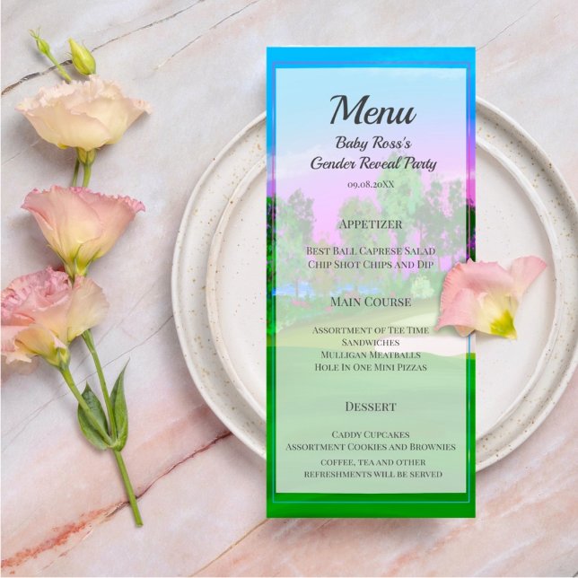 Golf Carts on Course Gender Reveal Baby Shower Menükarte (Von Creator hochgeladen)